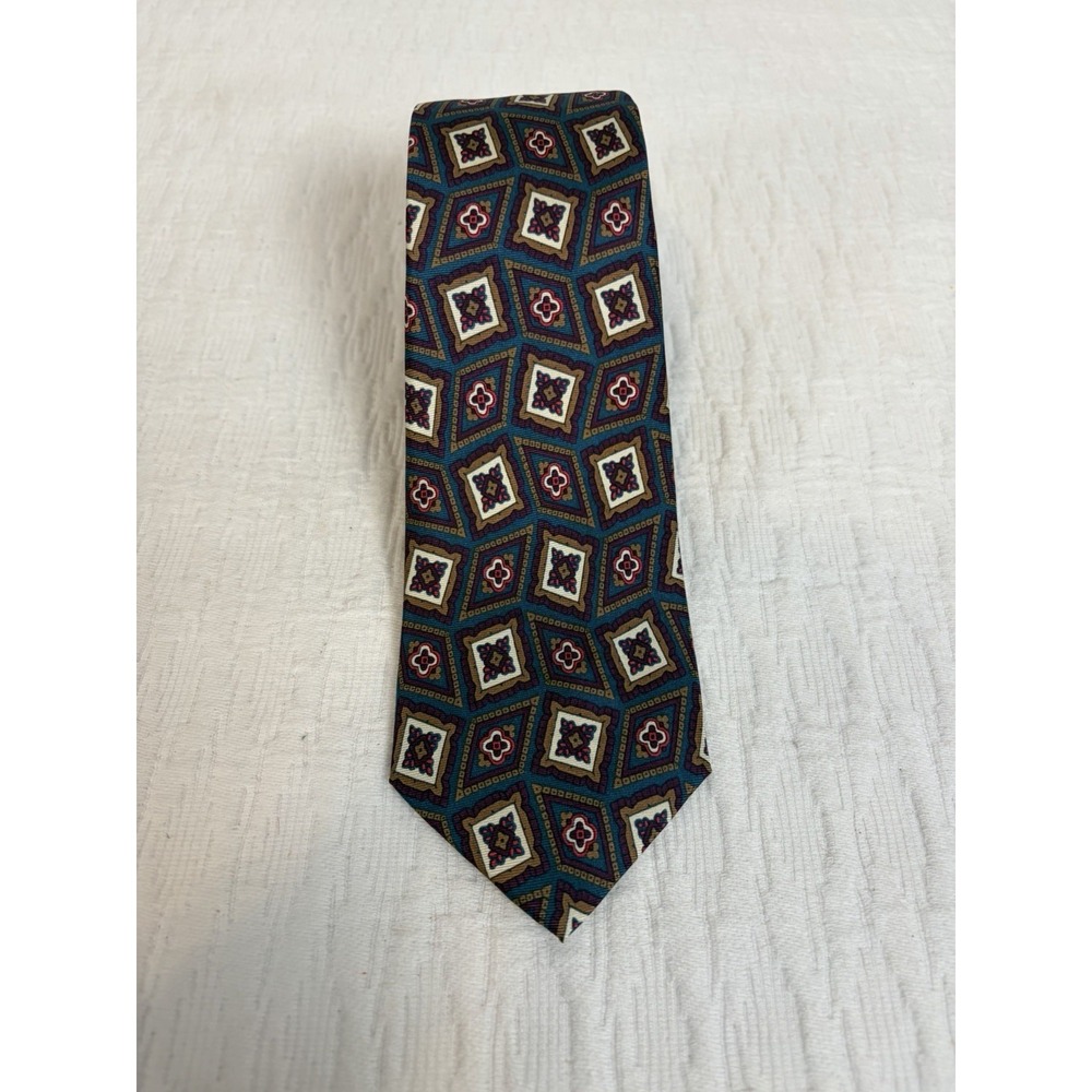 Banana Republic Mens Necktie Tie Blue & Red Beige Geometric 100% Silk